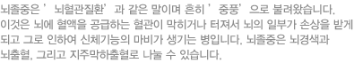 뇌졸중은 ’뇌혈관질환’과 같은 말이며 흔히 ’중풍’으로 불려왔습니다. 이것은 뇌에 혈액을 공급하는 혈관이 막히거나 터져서 뇌의 일부가 손상을 받게 되고 그로 인하여 신체기능의 마비가 생기는 병입니다. 뇌졸중은 뇌경색과 뇌출혈, 그리고 지주막하출혈로 나눌 수 있습니다.