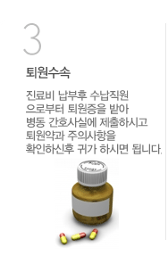 퇴원수속 진료비 납부후 수납직원으로 부터 퇴원증을 받아 병동 간호사실에 제출하시고 퇴원약과 주의사항을 확인하신후 귀가 하시면 됩니다.